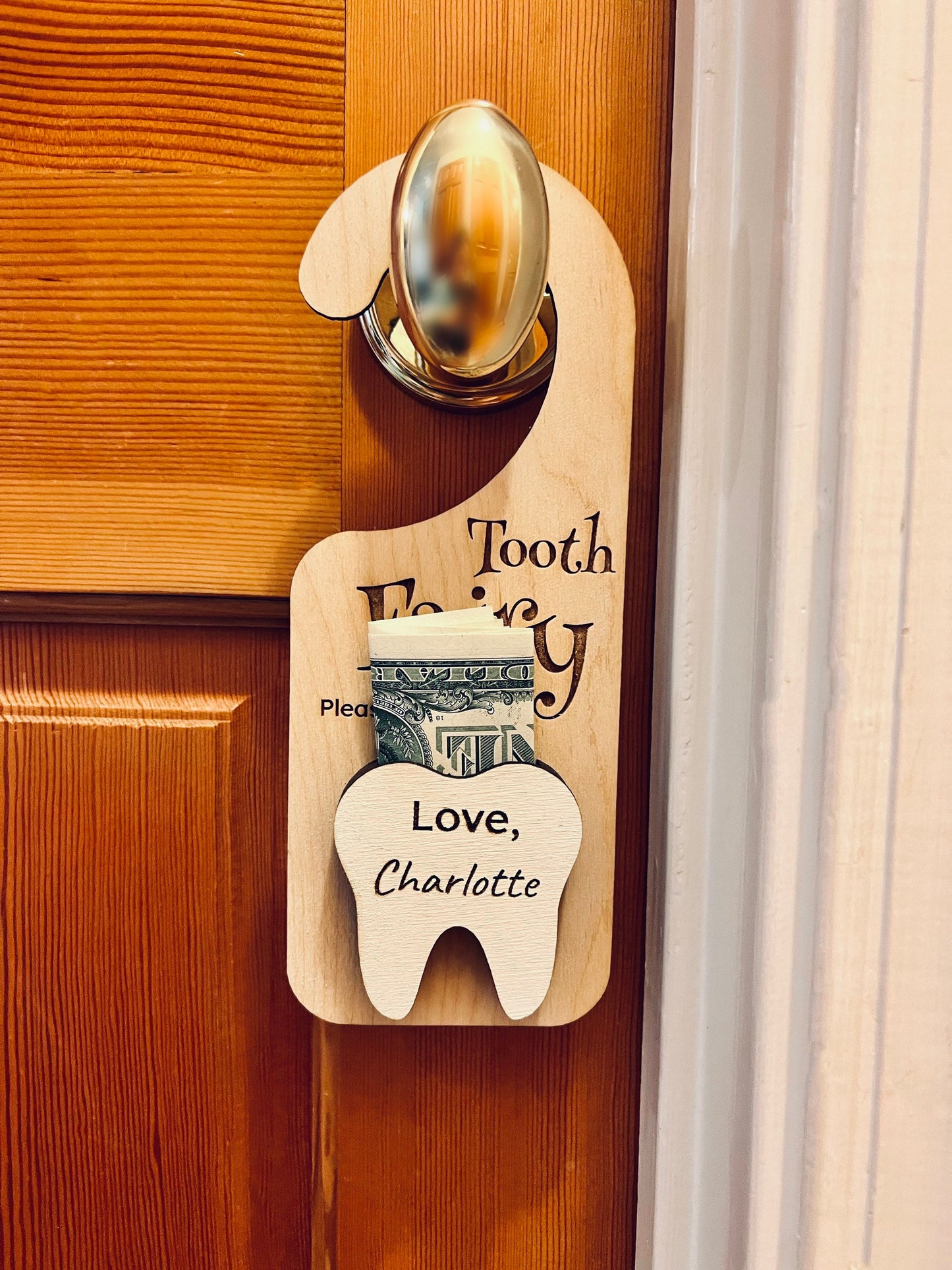 Tooth Fairy Please Stop Here door hanger, Personalized tooth and money holder, Whimsical child’s gift, messy room solution