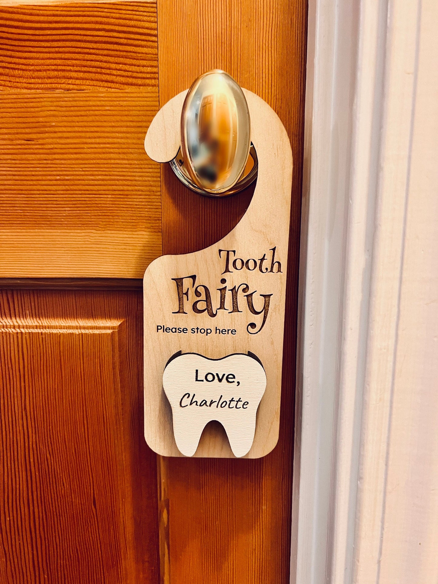 Tooth Fairy Please Stop Here door hanger, Personalized tooth and money holder, Whimsical child’s gift, messy room solution