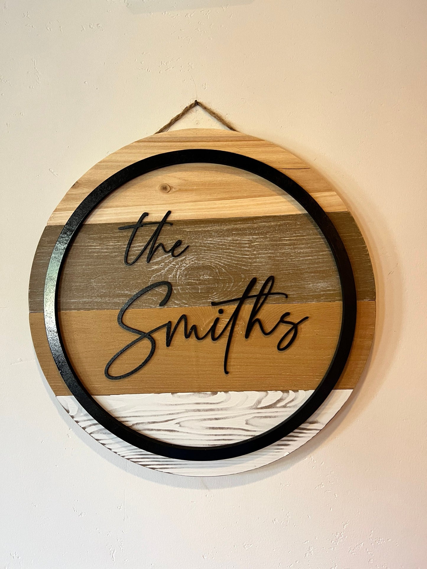 Round wood family name wall sign, 3D Shiplap Modern Door Hanger with black ring, Minimalist design