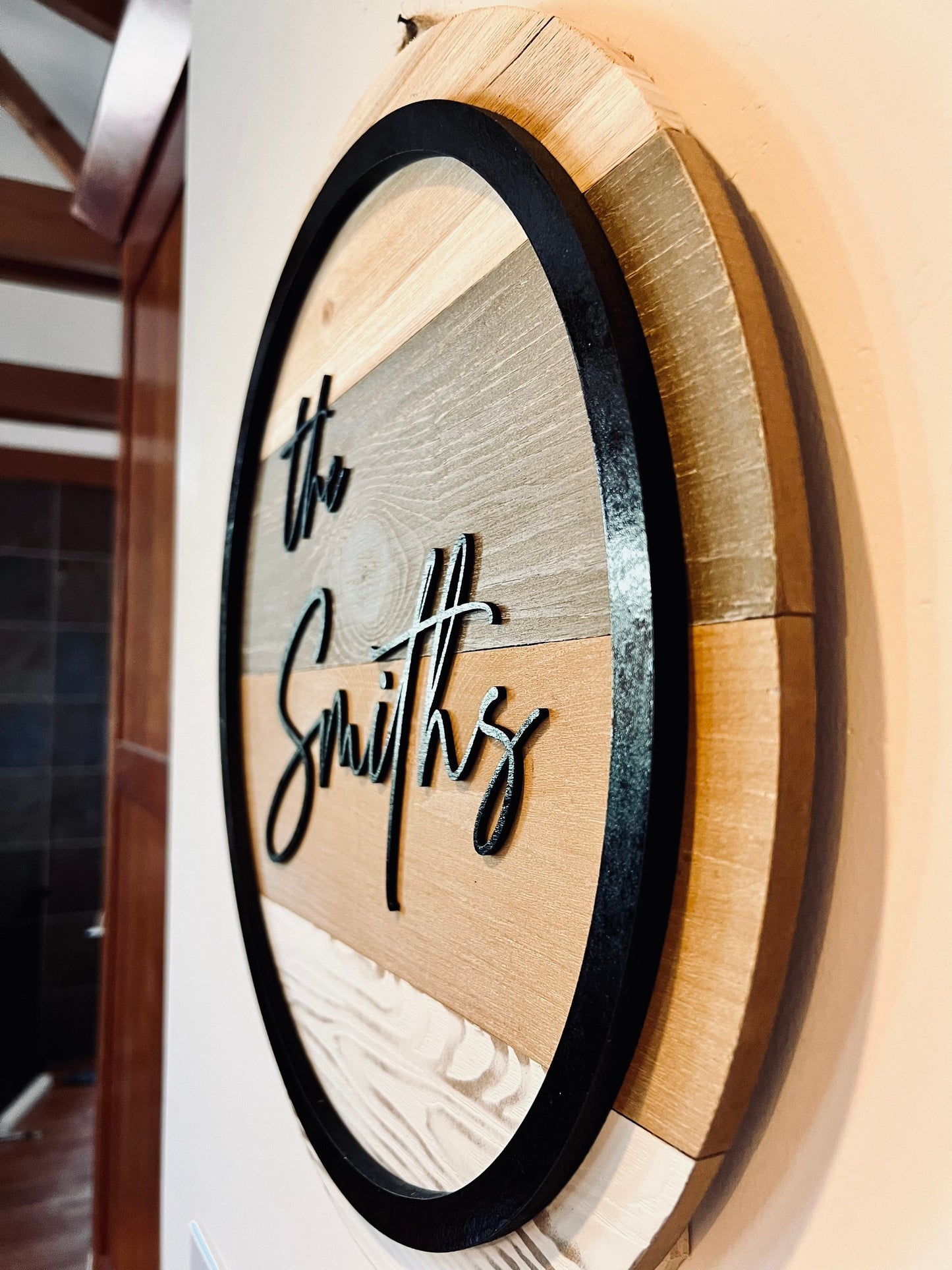 Round wood family name wall sign, 3D Shiplap Modern Door Hanger with black ring, Minimalist design