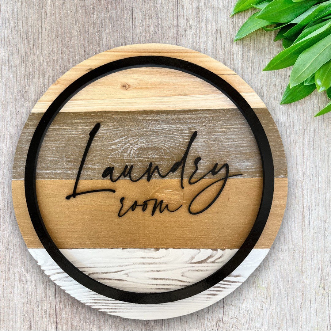 Personalized round wood wall sign, 3D Shiplap Modern Door Hanger with black ring, Minimalist design